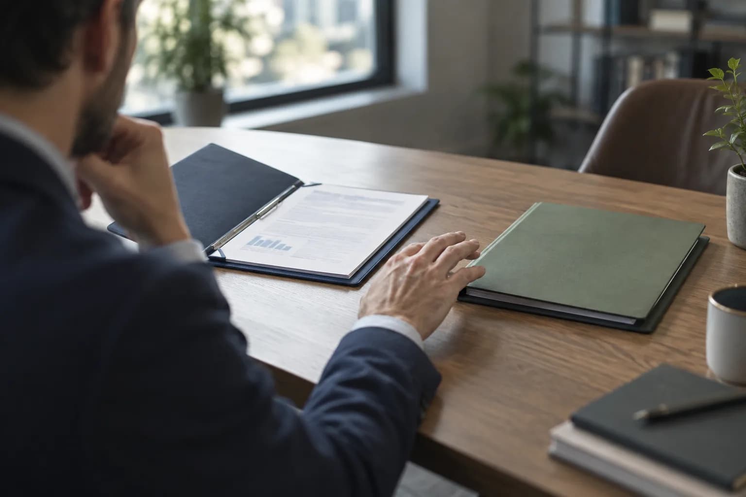 Two document folders side by side on a desk, a hand pausing between them