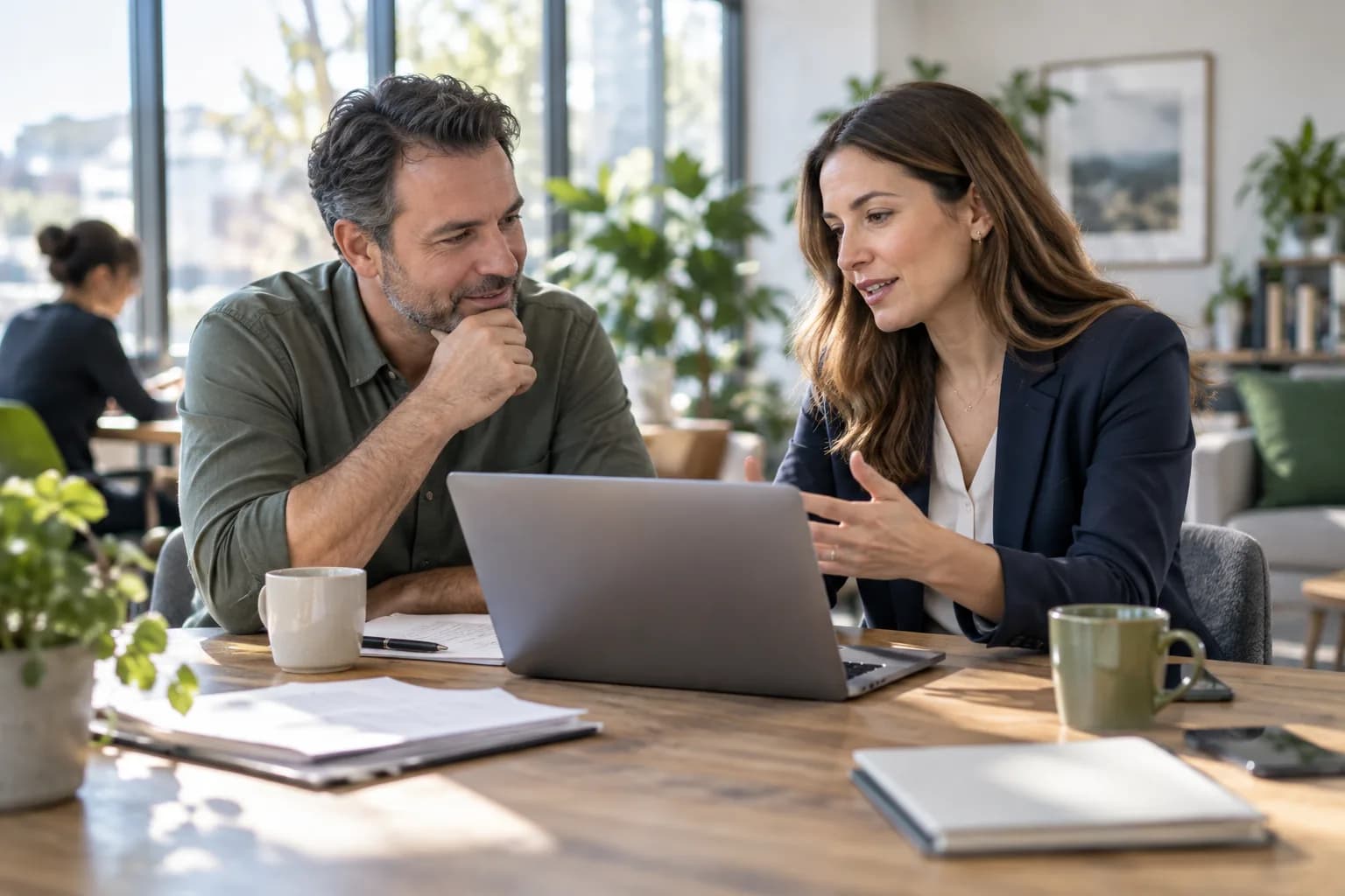 A business owner and an HR advisor talking over a laptop in a sunlit office